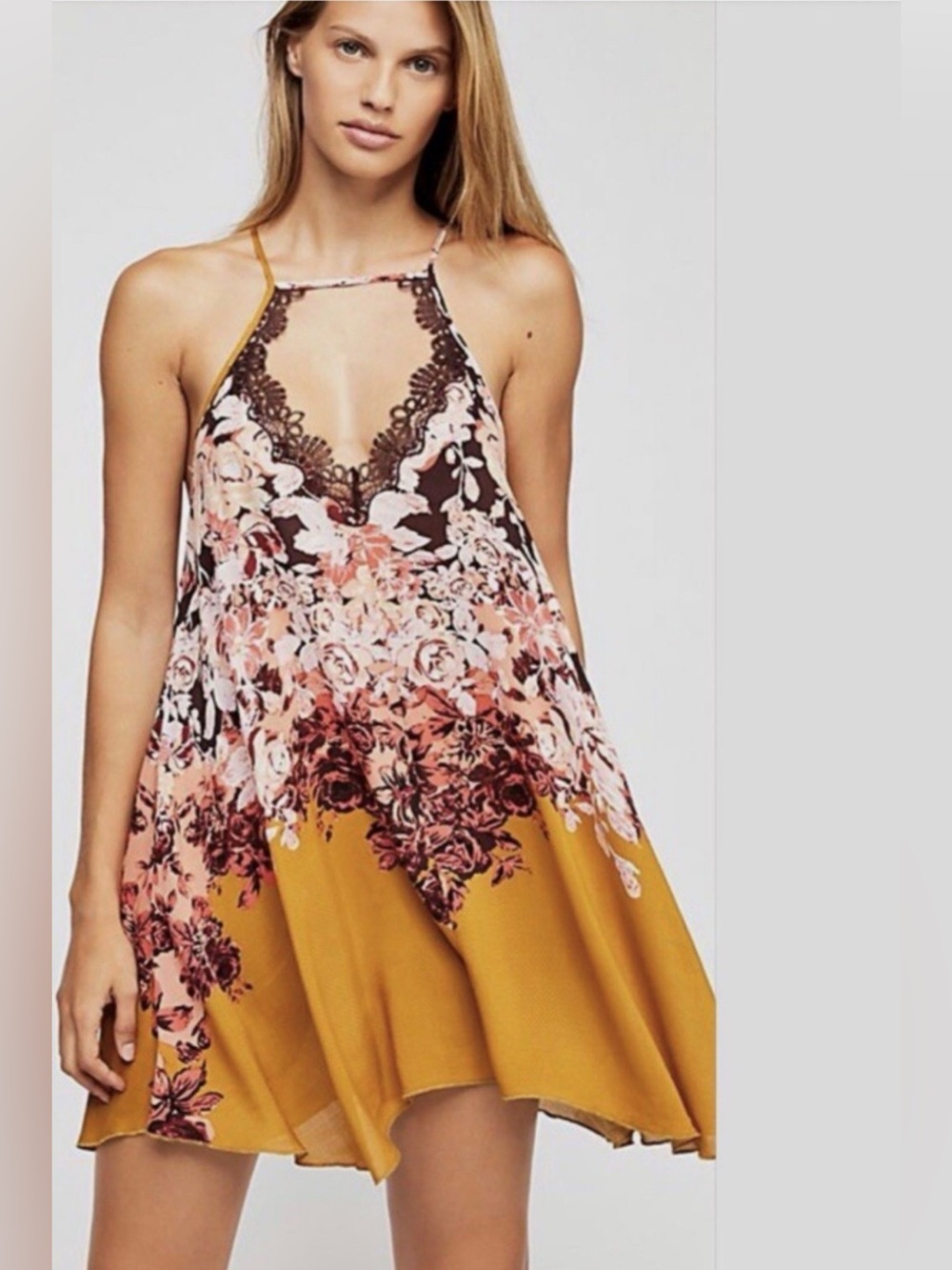 Free People Floral Haze Printed Mini Slip Dress Ochre Small SP (NWOT)